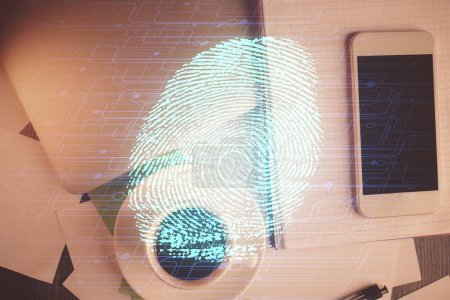 Photo for Double exposure of finger print over table with phone. Top view. Concept of mobile security. - Royalty Free Image