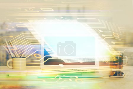 Photo for Double exposure of laptop computer and technology theme hologram. Concept of freelance work. - Royalty Free Image