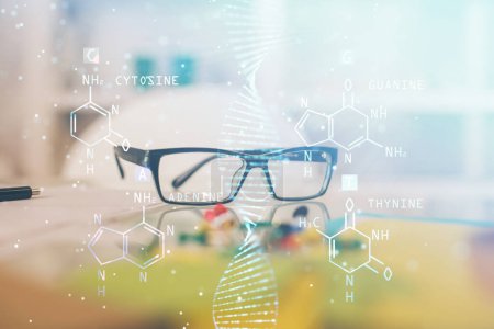 Photo for DNA drawing with glasses on the table background. Concept of bioengineering. Double exposure. - Royalty Free Image