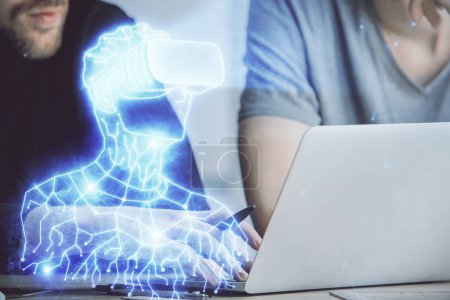 Photo for AR hologram with man working on computer on background. Augmented reality concept. Double exposure. - Royalty Free Image