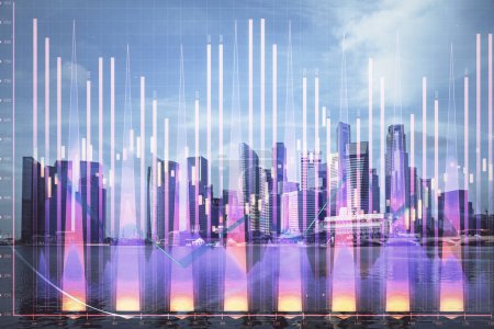 Photo for Forex chart on cityscape with tall buildings background multi exposure. Financial research concept. - Royalty Free Image