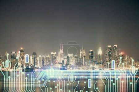 Photo for Data theme hologram drawing on city view with skyscrapers background multi exposure. Ai concept. - Royalty Free Image