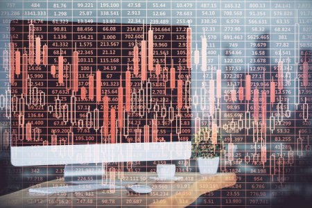 Photo for Multi exposure of forex graph and work space with computer. Concept of international online trading. - Royalty Free Image
