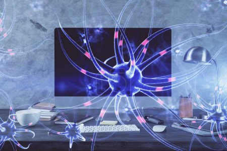 Photo for Desktop computer background and neuron drawing. Double exposure. Education concept. - Royalty Free Image