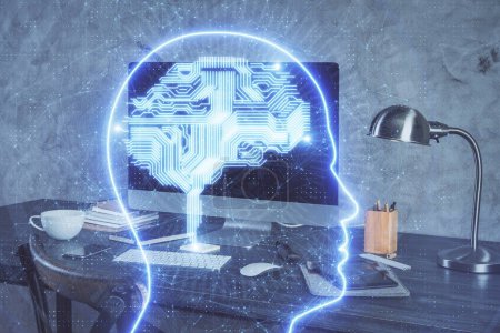 Foto de Doble exposición de la mesa con la computadora y el holograma cerebral. Concepto de innovación
. - Imagen libre de derechos
