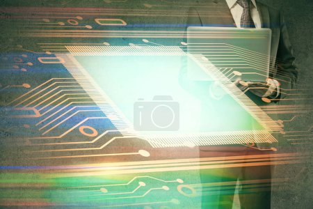 Photo for Double exposure of data internet theme hologram with man working on computer on background. Concept of innovation. - Royalty Free Image