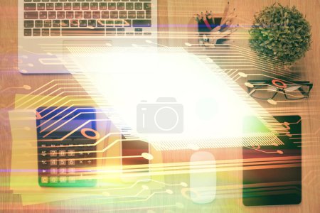 Photo for Double exposure of technology theme drawing over work table desktop. Top view. Global data analysis concept. - Royalty Free Image