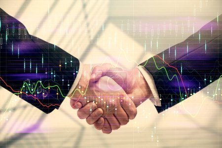 Photo for Double exposure of forex graph hologram and handshake of two men. Stock market concept. - Royalty Free Image