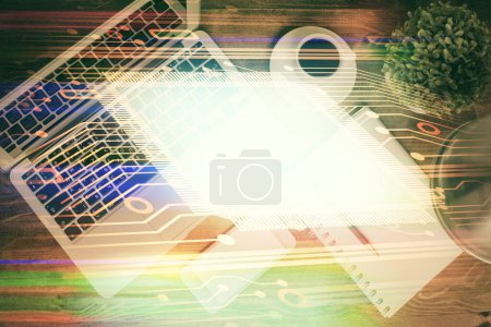 Photo for Multi exposure of data theme drawing hologram over topview work desk background with computer. Concept of technology. - Royalty Free Image