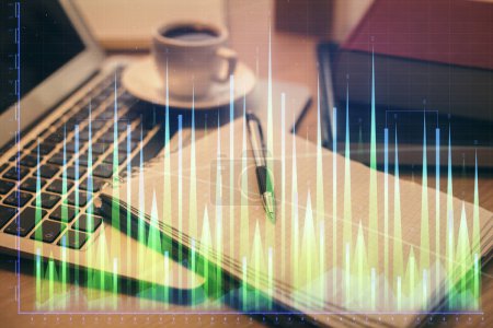 Photo for Double exposure of forex chart drawing and desktop with coffee and items on table background. Concept of financial market trading - Royalty Free Image