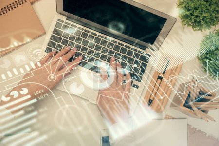 Photo for Double exposure of woman hands working on computer and tech theme hologram drawing. Top View. Technology concept. - Royalty Free Image