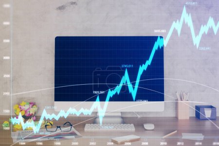 Photo for Forex graph hologram on table with computer background. Double exposure. Concept of financial markets. - Royalty Free Image