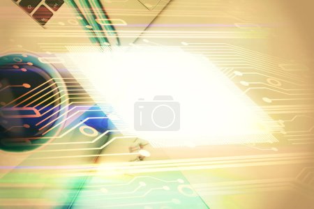Foto de Exposición múltiple del holograma del dibujo de los datos sobre la vista superior del fondo del escritorio del estudio con la computadora. Concepto de tecnología. - Imagen libre de derechos