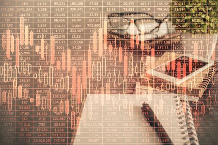 Photo for Double exposure of forex chart drawing and cell phone background. Concept of financial trading - Royalty Free Image