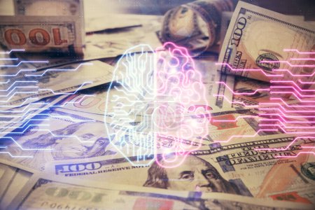 Foto de Doble exposición de cerebro dibujando sobre nosotros fondo factura dólares. Concepto tecnológico. - Imagen libre de derechos