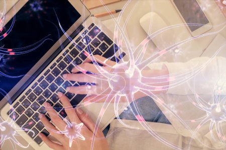 Photo for Double exposure of woman hands working on computer and neuron hologram drawing. Top View. Science concept. - Royalty Free Image