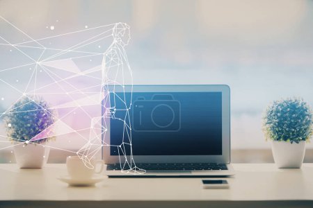 Photo for Desktop computer background in office and start up theme hologram drawing. Double exposure. Startup concept. - Royalty Free Image