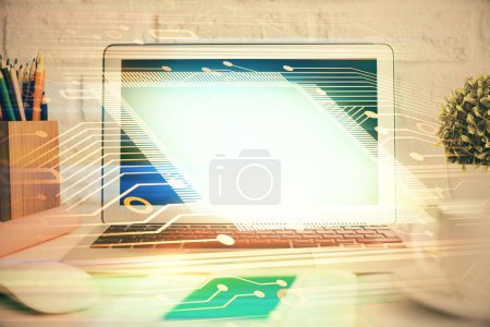 Photo for Double exposure of desktop with personal computer on background and tech theme drawing. Concept of Bigdata. - Royalty Free Image