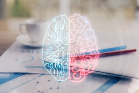 Foto de Doble exposición de escritorio con holograma de dibujo de computadora y cerebro. Concepto de inteligencia artificial. - Imagen libre de derechos