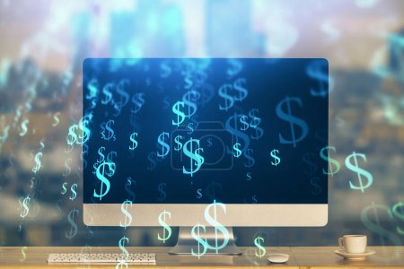Photo for Stock market graph on background with desk and personal computer. Multi exposure. Concept of financial analysis. - Royalty Free Image
