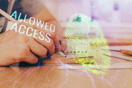 Photo for Concept of the future of security and password control through advanced technology. Fingerprint scan provides safe access with biometrics identification. Multi exposure. - Royalty Free Image