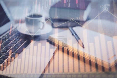 Photo for Double exposure of forex chart drawing and desktop with coffee and items on table background. Concept of financial market trading - Royalty Free Image