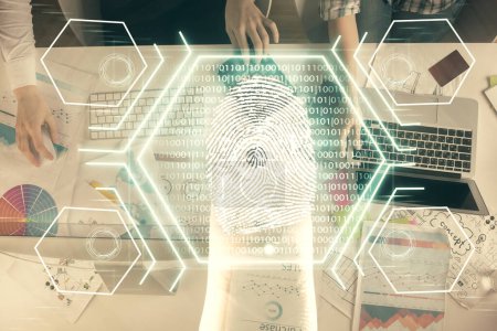 Photo for Double exposure of man and woman working together and fingerprint hologram drawing. Security concept. Computer background. - Royalty Free Image
