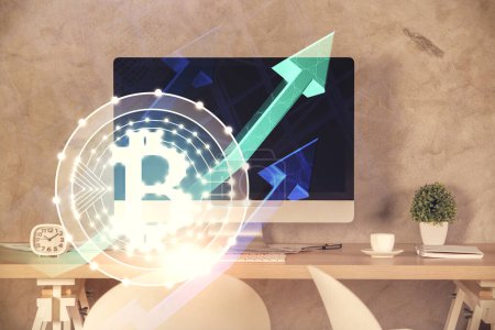 Photo for Double exposure of crypto technology theme drawing and office interior background. Concept of blockchain. - Royalty Free Image