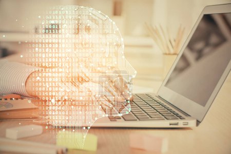 Photo for Man typing on keyboard background with brain hologram. Concept of big Data. Double exposure. - Royalty Free Image