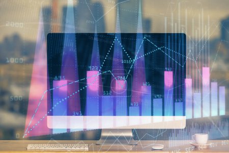 Photo for Stock market graph and table with computer background. Multi exposure. Concept of financial analysis. - Royalty Free Image