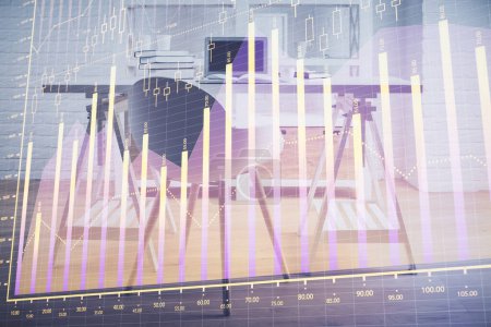 Photo for Double exposure of financial graph drawing and office interior background. Concept of stock market. - Royalty Free Image
