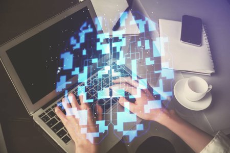 Photo for Double exposure of woman hands working on computer and data theme hologram drawing. Tech concept. - Royalty Free Image
