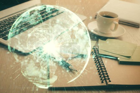 Photo for Double exposure of business theme drawing and desktop with coffee and items on table background. Concept of market trading - Royalty Free Image