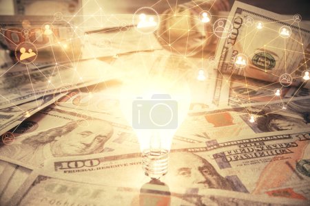 Photo for Multi exposure of social network drawing over us dollars bill background. Concept of people connection. - Royalty Free Image