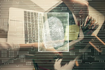 Photo for Double exposure of woman hands typing on computer and fingerprint drawing. Security concept. - Royalty Free Image