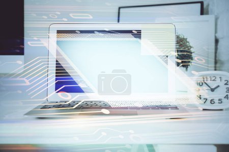 Photo for Technology theme drawing and work space with computer. Double exposure. Concept of innovation. - Royalty Free Image