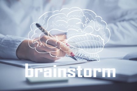 Photo for Start up creative drawing over close up hands in notepad background. Concept of brainstorming. Double exposure - Royalty Free Image