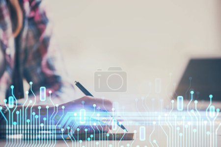 Photo for Double exposure of woman's writing hand on background with data technology hud. Big data concept. - Royalty Free Image