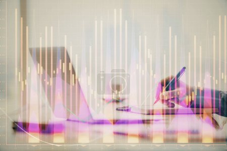 Photo for Double exposure of forex chart with man working on computer on background. Concept of market analysis. - Royalty Free Image