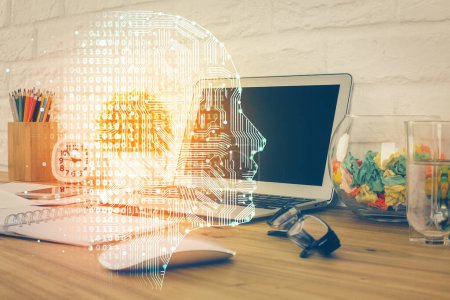 Photo for Double exposure of work space with computer and human brain drawing hologram. Brainstorm concept. - Royalty Free Image