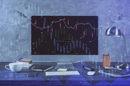 Photo for Double exposure of chart and financial info and work space with computer background. Concept of international online trading. - Royalty Free Image