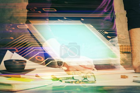 Photo for Man's hands with technology theme multi exposure icons. Concept of big data. - Royalty Free Image