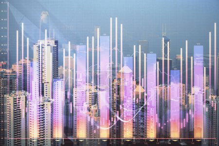 Foto de Gráfico Forex en vista de la ciudad con rascacielos fondo multi exposición. Concepto de análisis financiero
. - Imagen libre de derechos