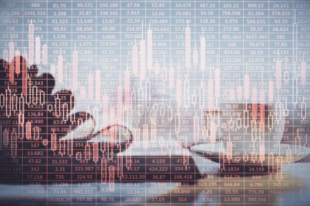Photo for Double exposure of financial chart drawing and desktop with coffee and items on table background. Concept of forex market trading - Royalty Free Image