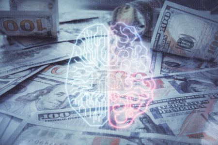 Photo for Double exposure of brain drawing over us dollars bill background. Technology concept. - Royalty Free Image