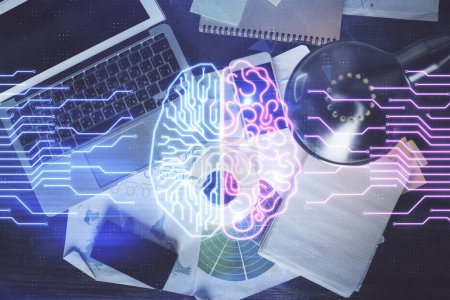 Photo for Double exposure of brain drawing hologram over topview work table background with computer. Concept of big data. - Royalty Free Image