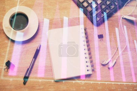 Photo for Multi exposure of forex chart drawing and work table top veiw. Concept of financial analysis. - Royalty Free Image