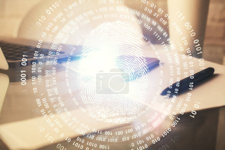 Photo for Double exposure of fingeprint drawing and cell phone background. Concept of mobile security - Royalty Free Image