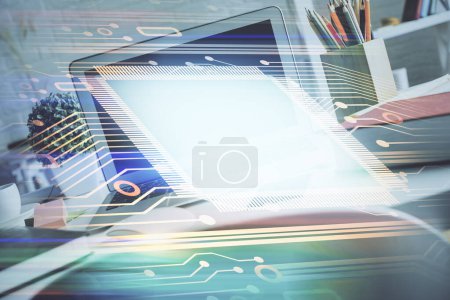 Photo for Multi exposure of desktop with personal computer and tech theme drawing. Concept of Bigdata. - Royalty Free Image