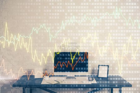 Photo for Stock market graph and table with computer background. Multi exposure. Concept of financial analysis. - Royalty Free Image
